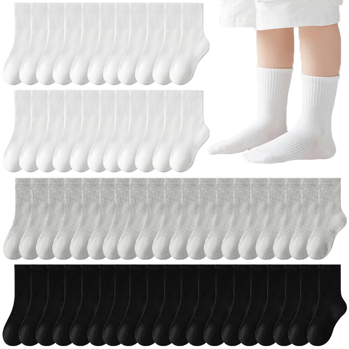 20 Pairs Crew Athletic Socks for Kids Breathable Cushion Crew Socks for Kids Sport Running Traveling