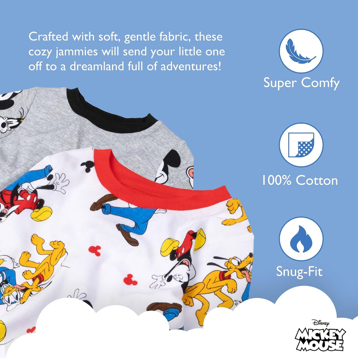 Disney Boys' 4-Piece Snug-fit Cotton Matching Comfortable Pajama Set, Soft & Cute for Kids