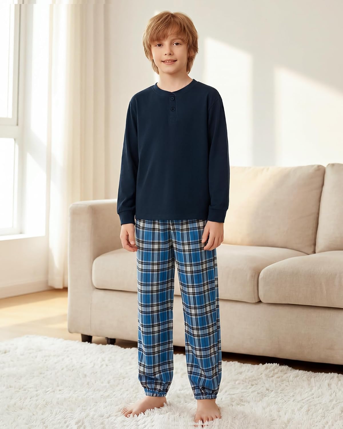 CARETOO Boys Pajamas Plaid Pants Long Sleeve Henley 2 Piece Set Kids Sleepwear PJs Soft Loungewear for Boys 5-14 Years