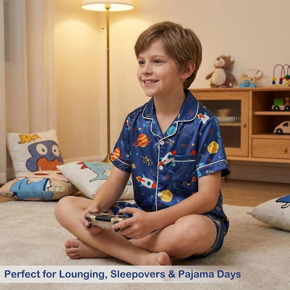 Basumee Boys Satin Pajamas Set, Silky Summer Pjs for Kids 6-13Y, 2 Pieces