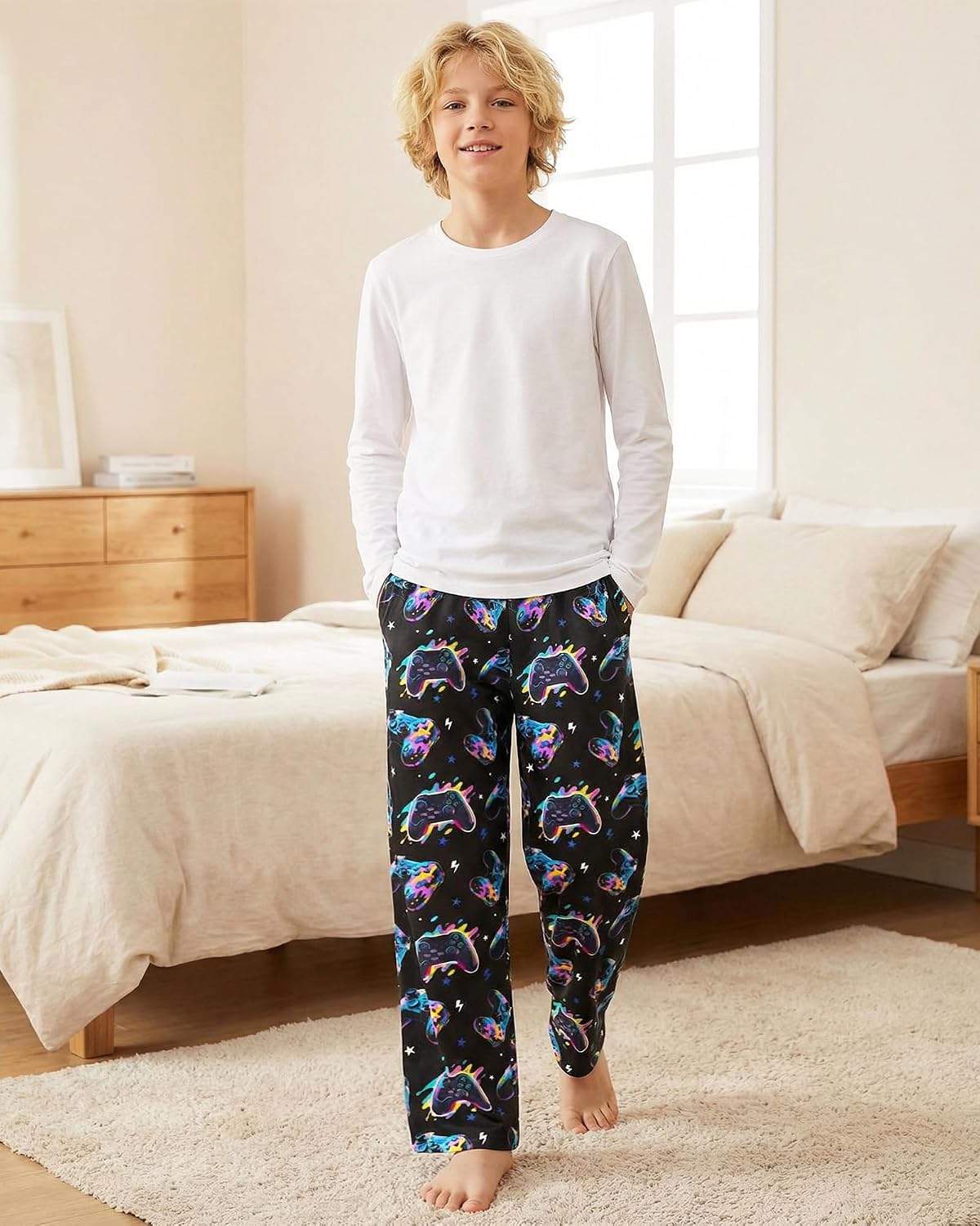 Boys Pajama Pants Soft Pj Bottoms Elastic Waist Lounge Pants Long Sleep Bottoms with Pockets Size 9-14