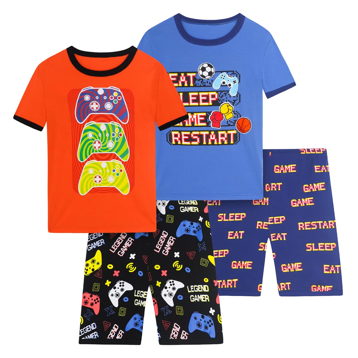 Boys Pajama Set, 4-Piece Cotton Pajamas Short Summer PJs Kids Sleepwear