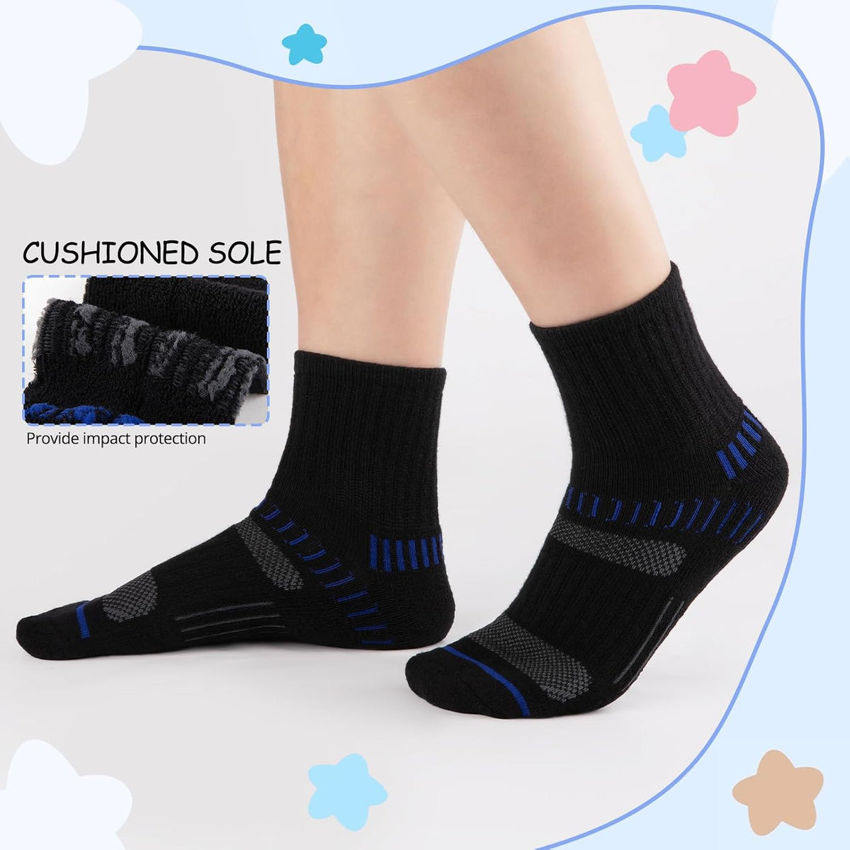 Comfoex Boys Socks Quarter Athletic Ankle Cotton Sports Socks For Kids 8-10 4-6 6-8 Years Old With Cushioned Sole 6 Pairs