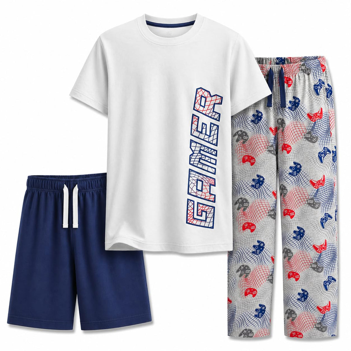 US Angels Boys Pajamas Set | 3-Piece Pant, Shirt, Shorts Sleepwear Pjs for Kids | Loose Fit, Soft, Breathable Blue Plaid