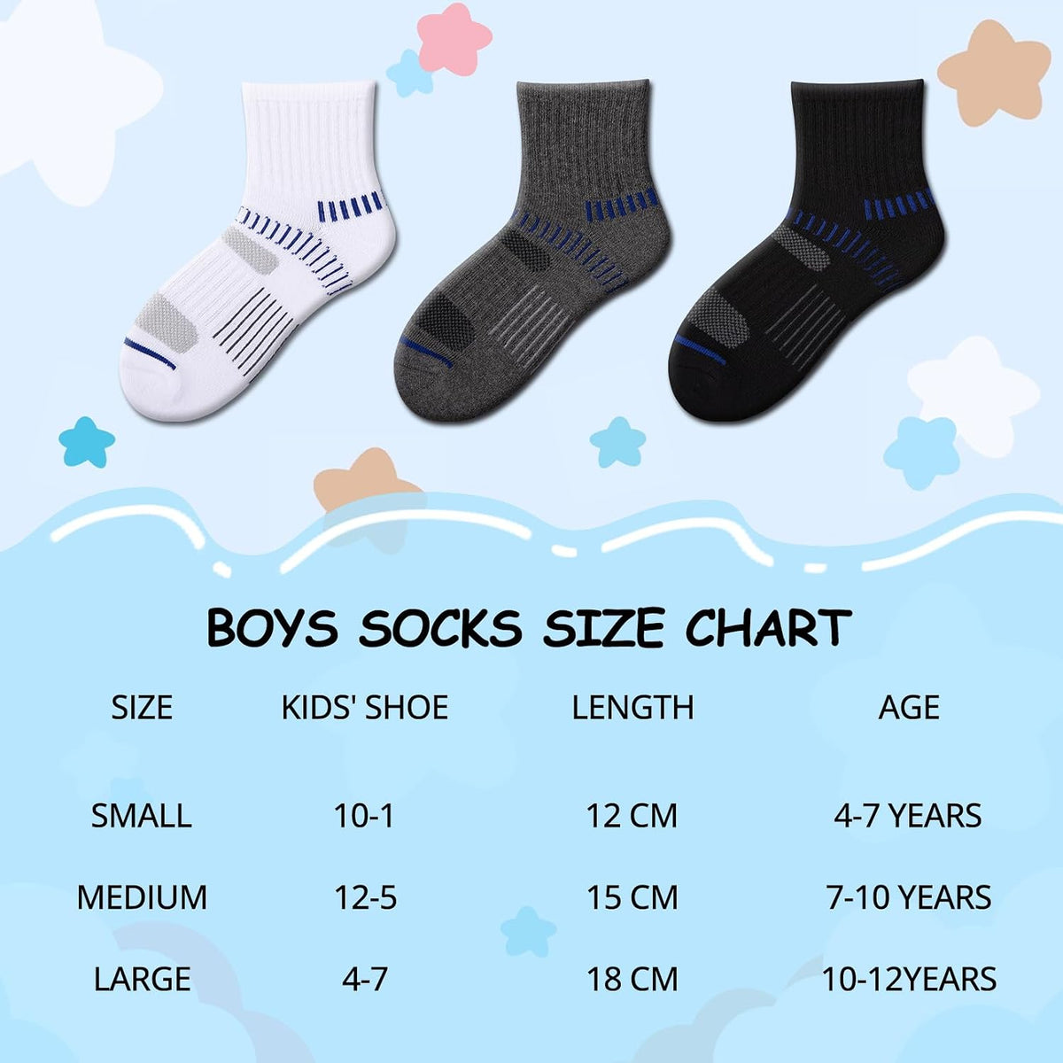 Comfoex Boys Socks Quarter Athletic Ankle Cotton Sports Socks For Kids 8-10 4-6 6-8 Years Old With Cushioned Sole 6 Pairs