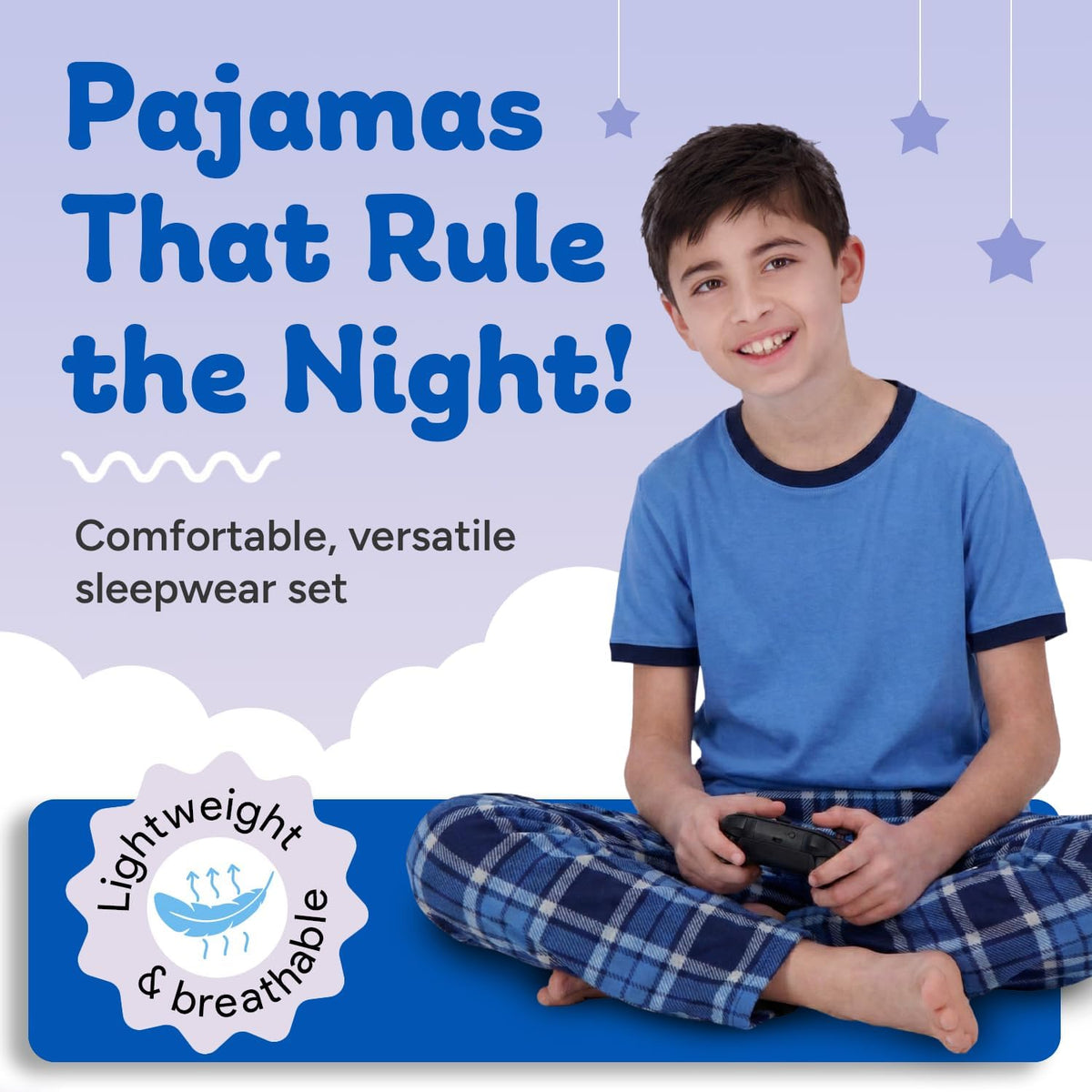 US Angels Boys Pajamas Set | 3-Piece Pant, Shirt, Shorts Sleepwear Pjs for Kids | Loose Fit, Soft, Breathable Blue Plaid