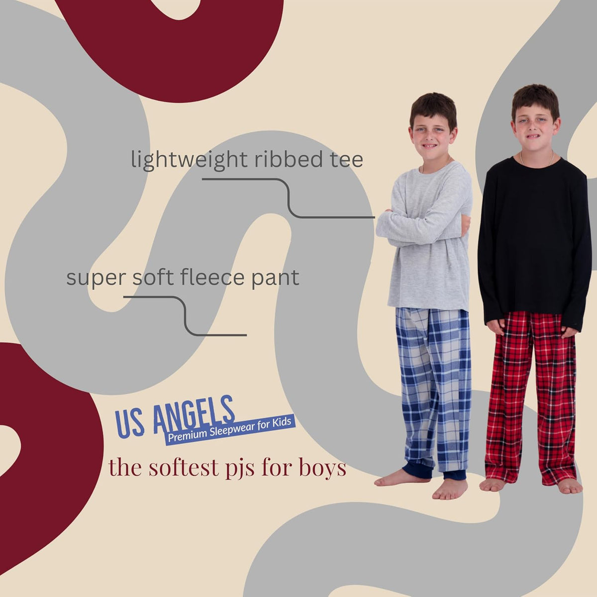 US Angels Boys Pajamas Set | 4-Piece Long Sleeve & Fleece Pants | Soft Warm Sleepwear Pjs for Kids & Teens