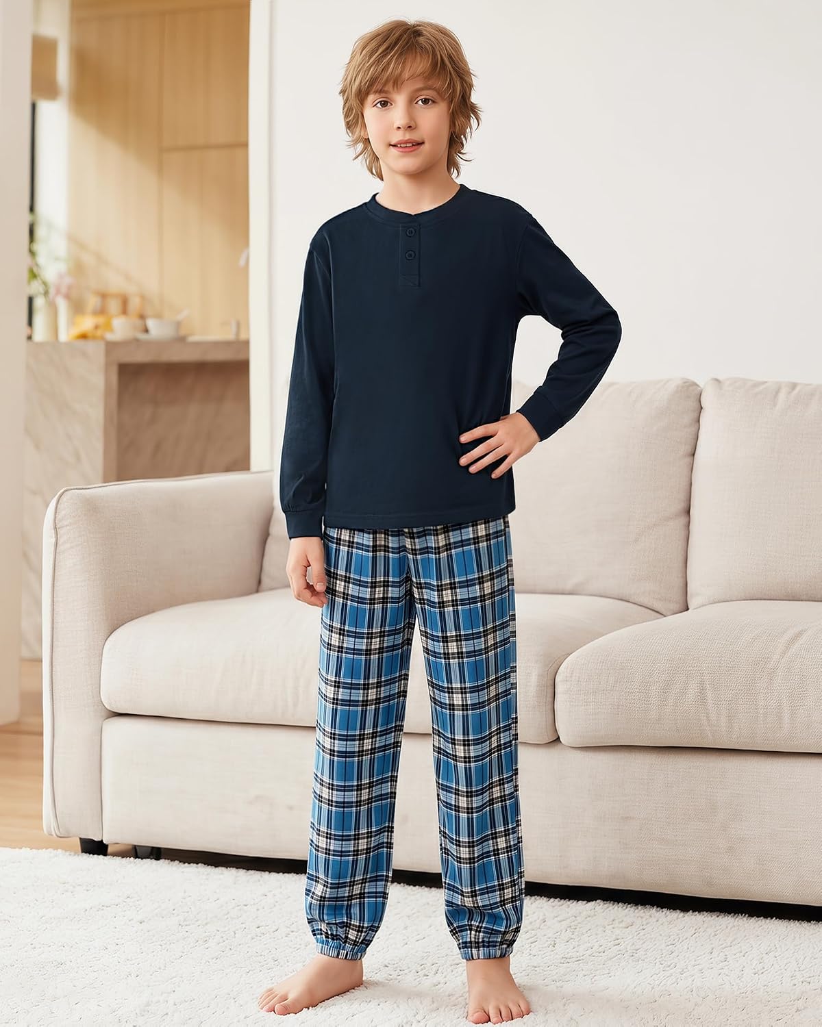 CARETOO Boys Pajamas Plaid Pants Long Sleeve Henley 2 Piece Set Kids Sleepwear PJs Soft Loungewear for Boys 5-14 Years