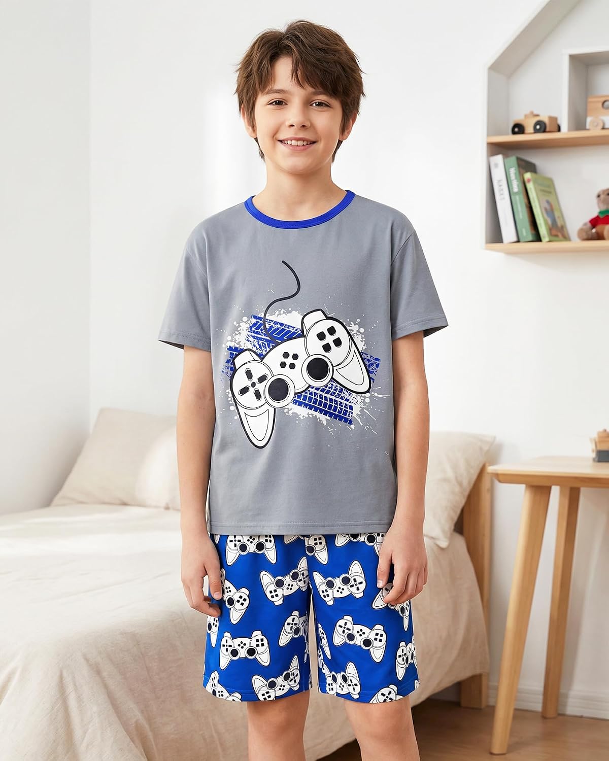 PASHOP Boys Pajamas Boys Summer Pajamas Short Sleeve & Sleep Shorts Set 2 Piece Summer Kids Boy Pjs Sleepwear Sets Size 8-16