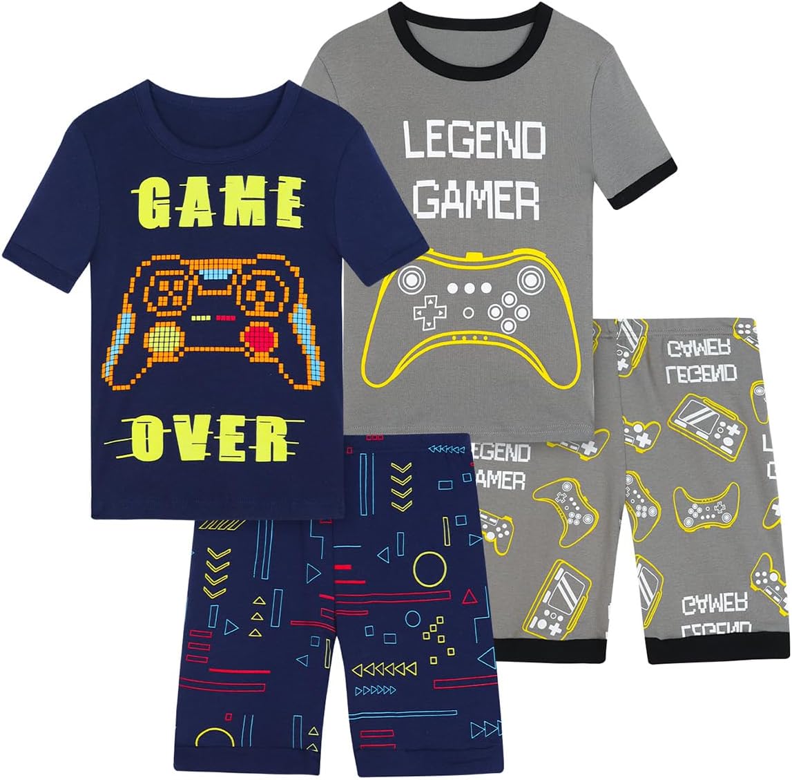 Boys Pajama Set, 4-Piece Cotton Pajamas Short Summer PJs Kids Sleepwear
