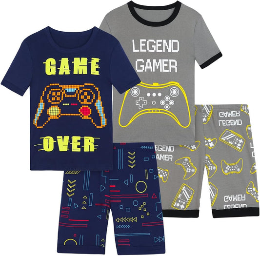 Boys Pajama Set, 4-Piece Cotton Pajamas Short Summer PJs Kids Sleepwear