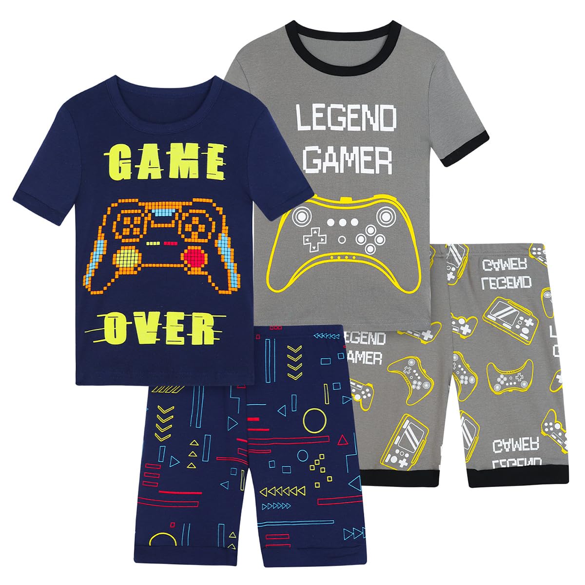 Boys Pajama Set, 4-Piece Cotton Pajamas Short Summer PJs Kids Sleepwear