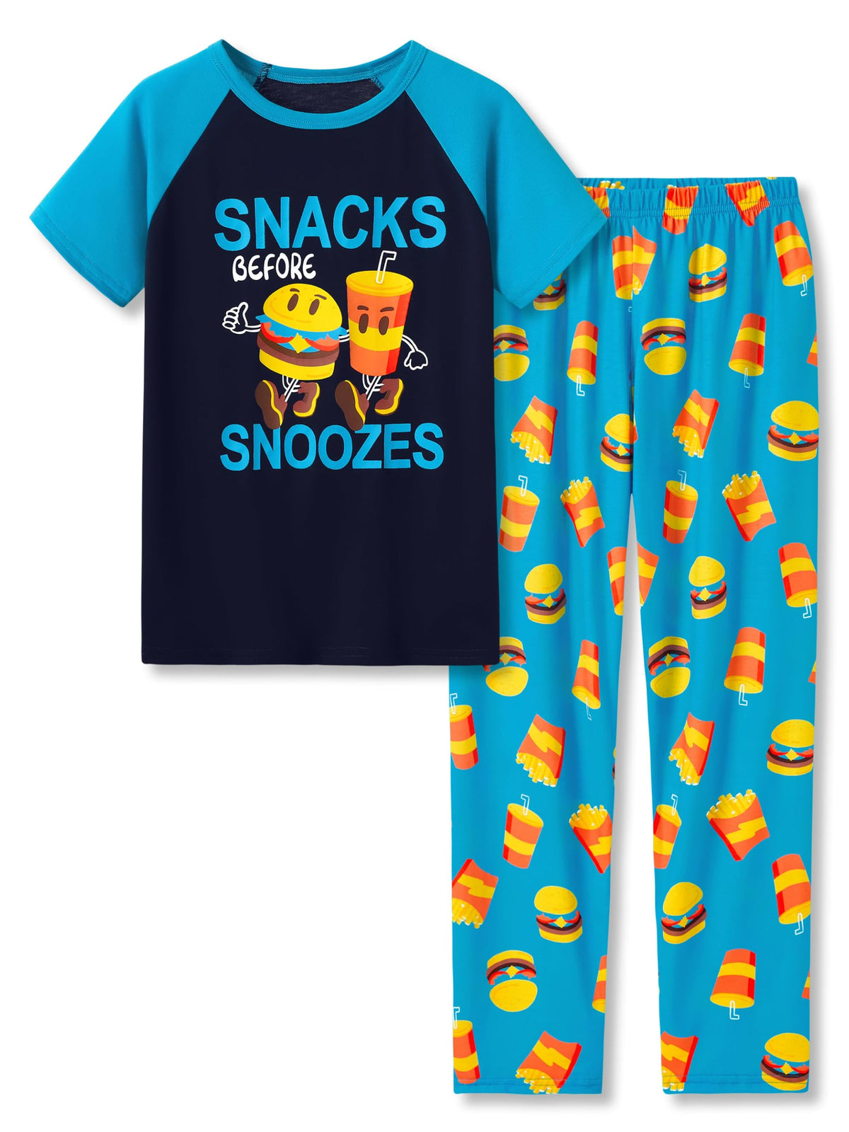 Beezizac Boys Pajamas, Teal & Navy Face Short Sleeve & Pants PJs, Size 6-18