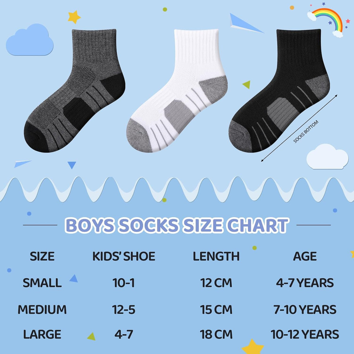 Comfoex 12 Pairs Boys Socks kids Cushioned Sport Short Quarter Athletic Sock For Little Big Kids 6-8 8-10 years
