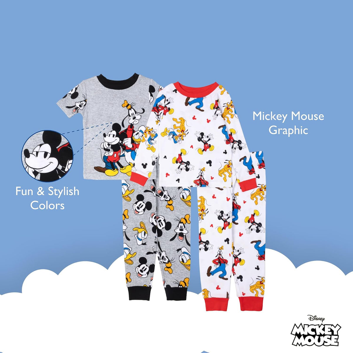 Disney Boys' 4-Piece Snug-fit Cotton Matching Comfortable Pajama Set, Soft & Cute for Kids