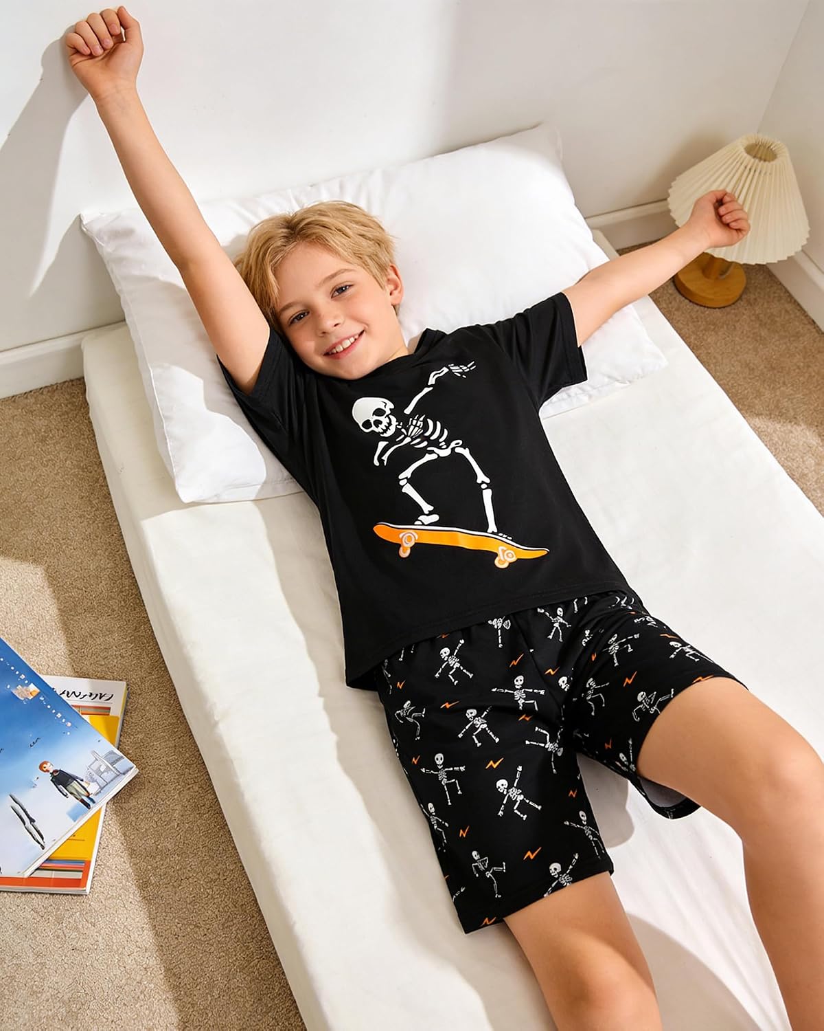 MyFav Boys Pajamas Sets Glow in Dark Summer Short Sleeve Sleepwear Skull Kids Pjs