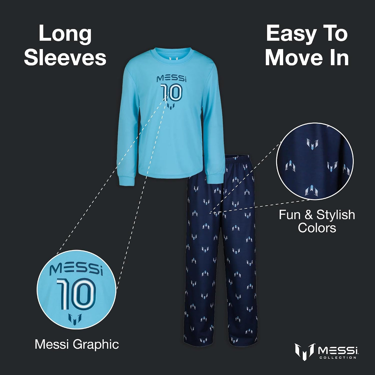 Messi Boys' Lifestyle Long Sleeve 2-piece Set, Loose-fit Top & Sweatpants