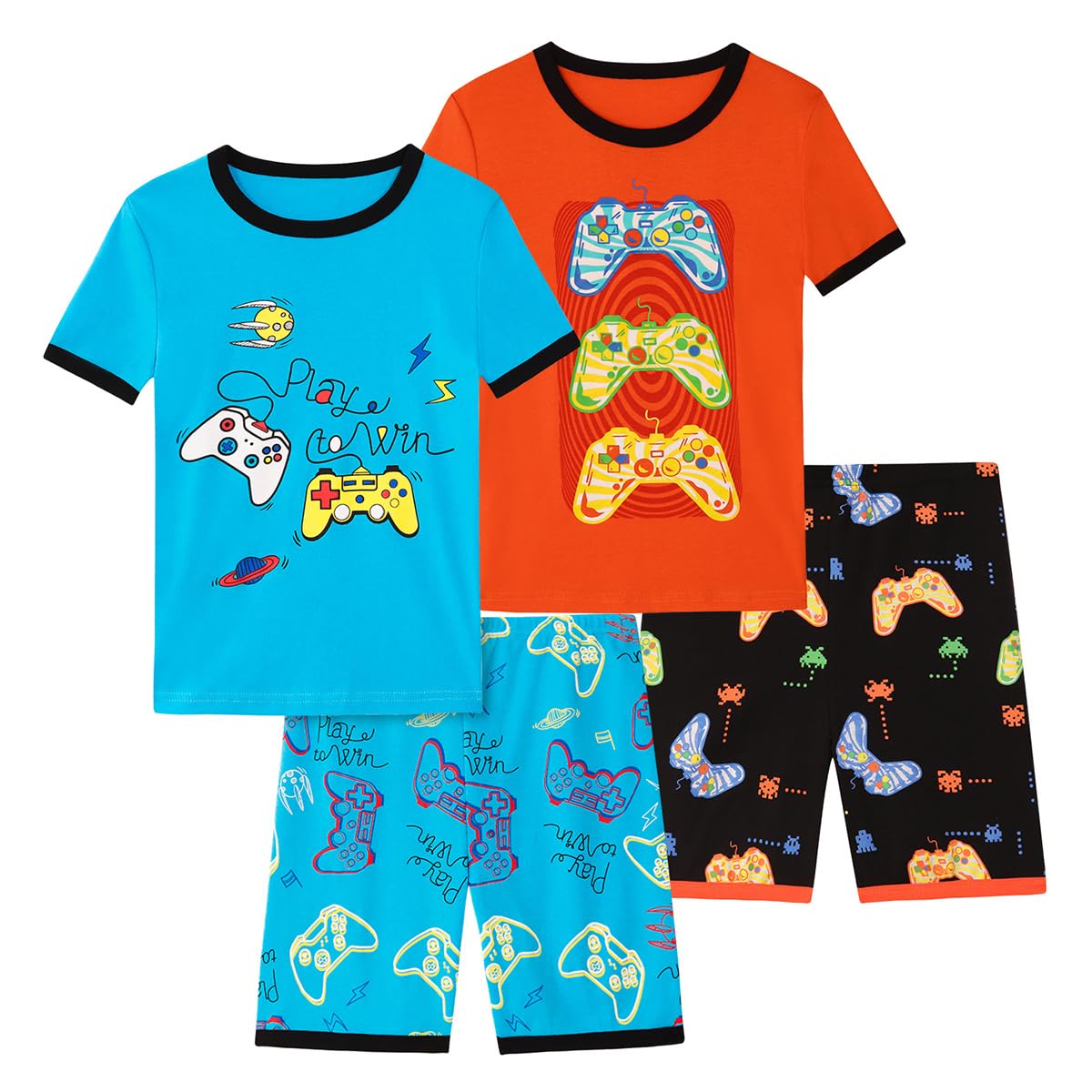 Boys Pajama Set, 4-Piece Cotton Pajamas Short Summer PJs Kids Sleepwear