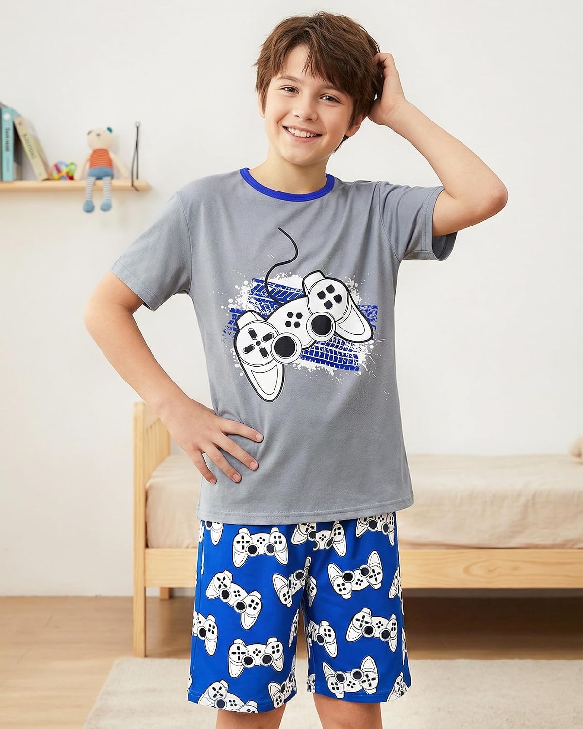 PASHOP Boys Pajamas Boys Summer Pajamas Short Sleeve & Sleep Shorts Set 2 Piece Summer Kids Boy Pjs Sleepwear Sets Size 8-16