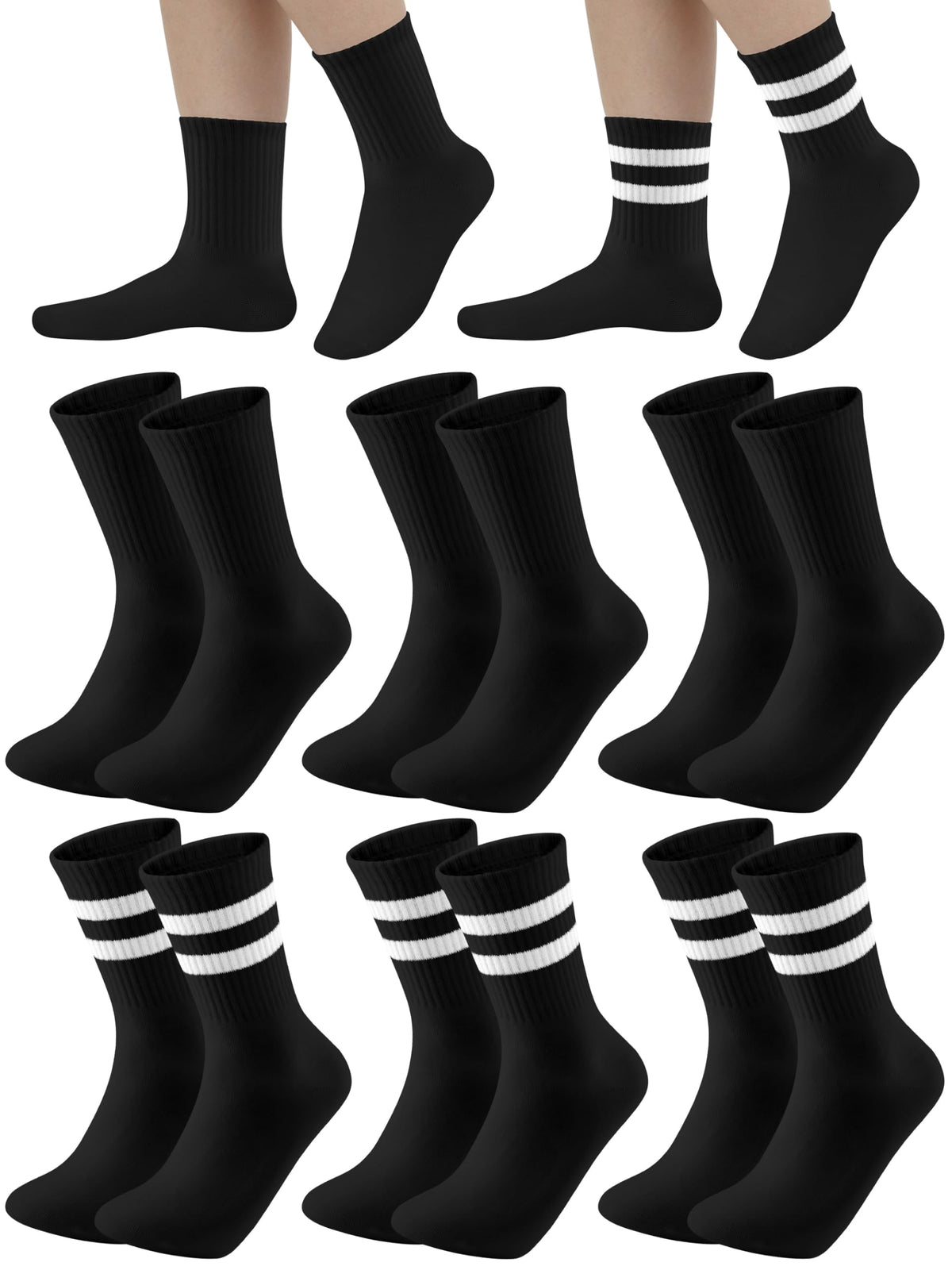 Cooraby 6 Pairs Unisex Kids Crew Socks Boys Girls Athletic Socks with Retro Stripes Soft Cotton Socks Black White Grey