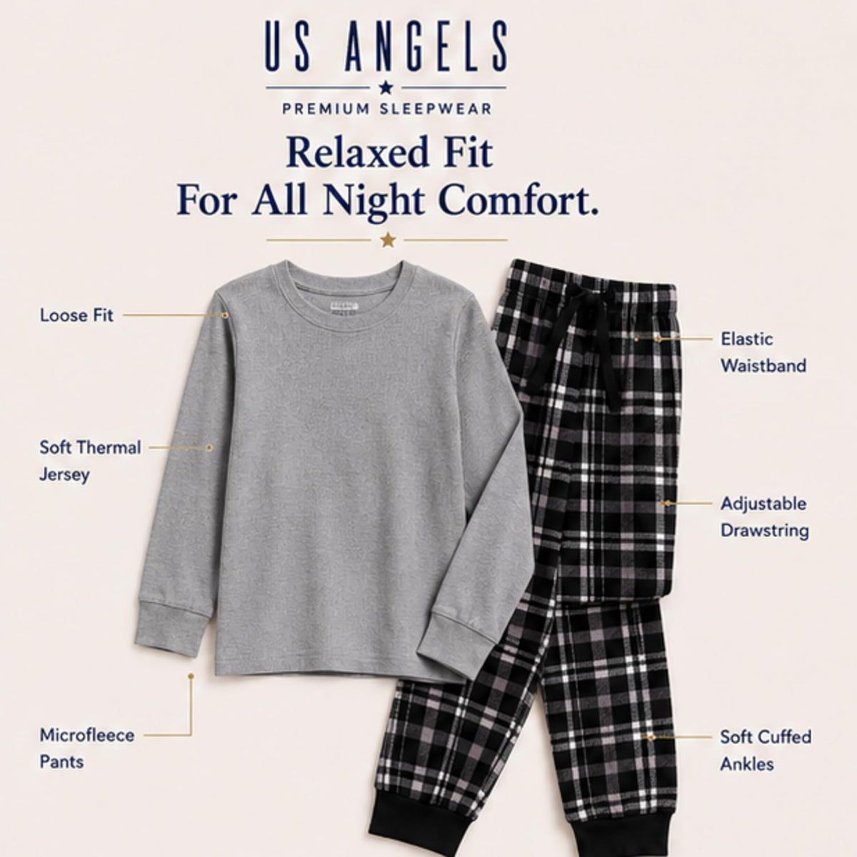 US Angels Boys Pajamas Set | 4-Piece Long Sleeve & Fleece Pants | Soft Warm Sleepwear Pjs for Kids & Teens