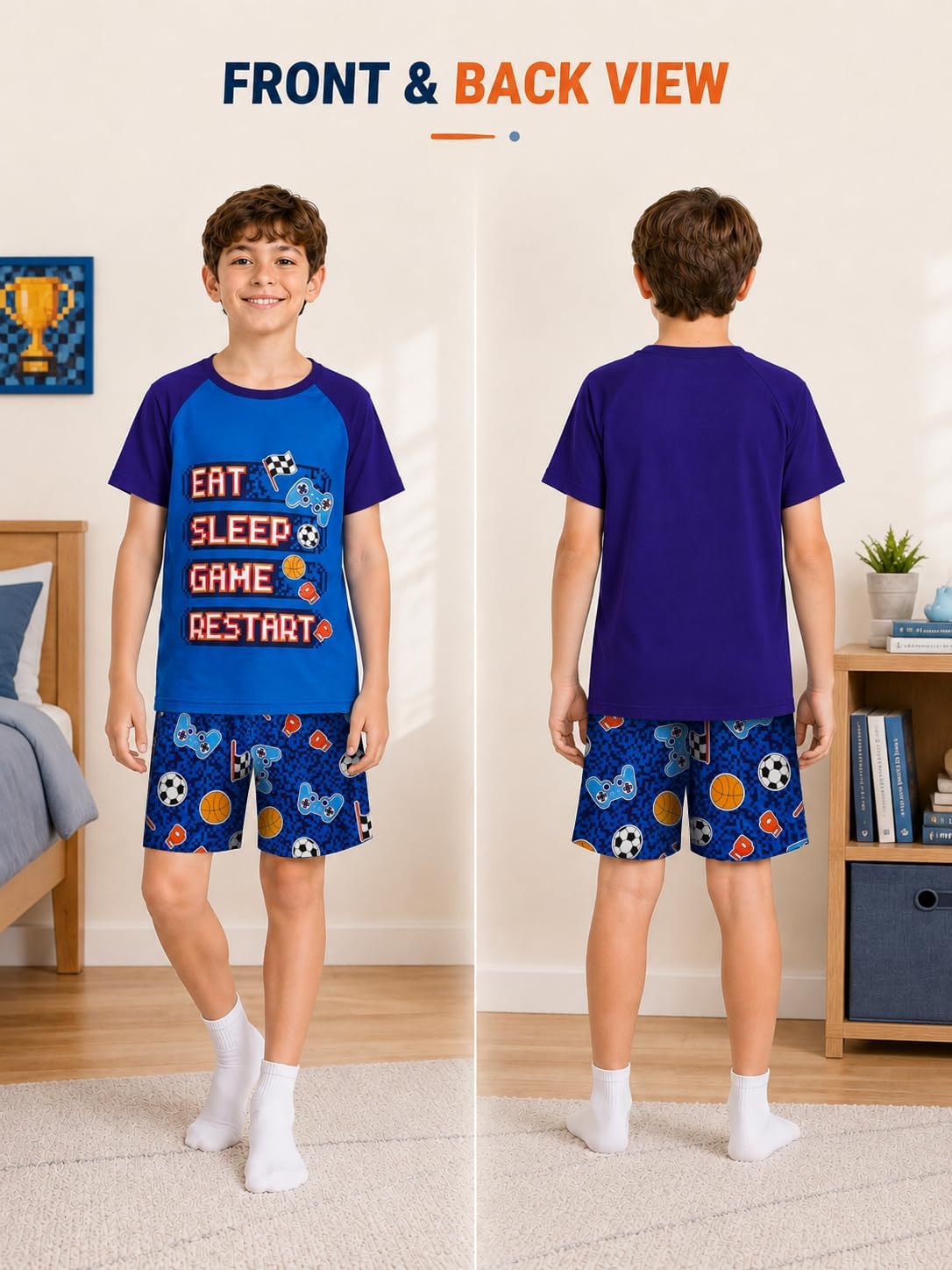 Beezizac Boys Summer Pajamas, Short-Sleeve 2-Piece Sleepwear, Sizes 6-18