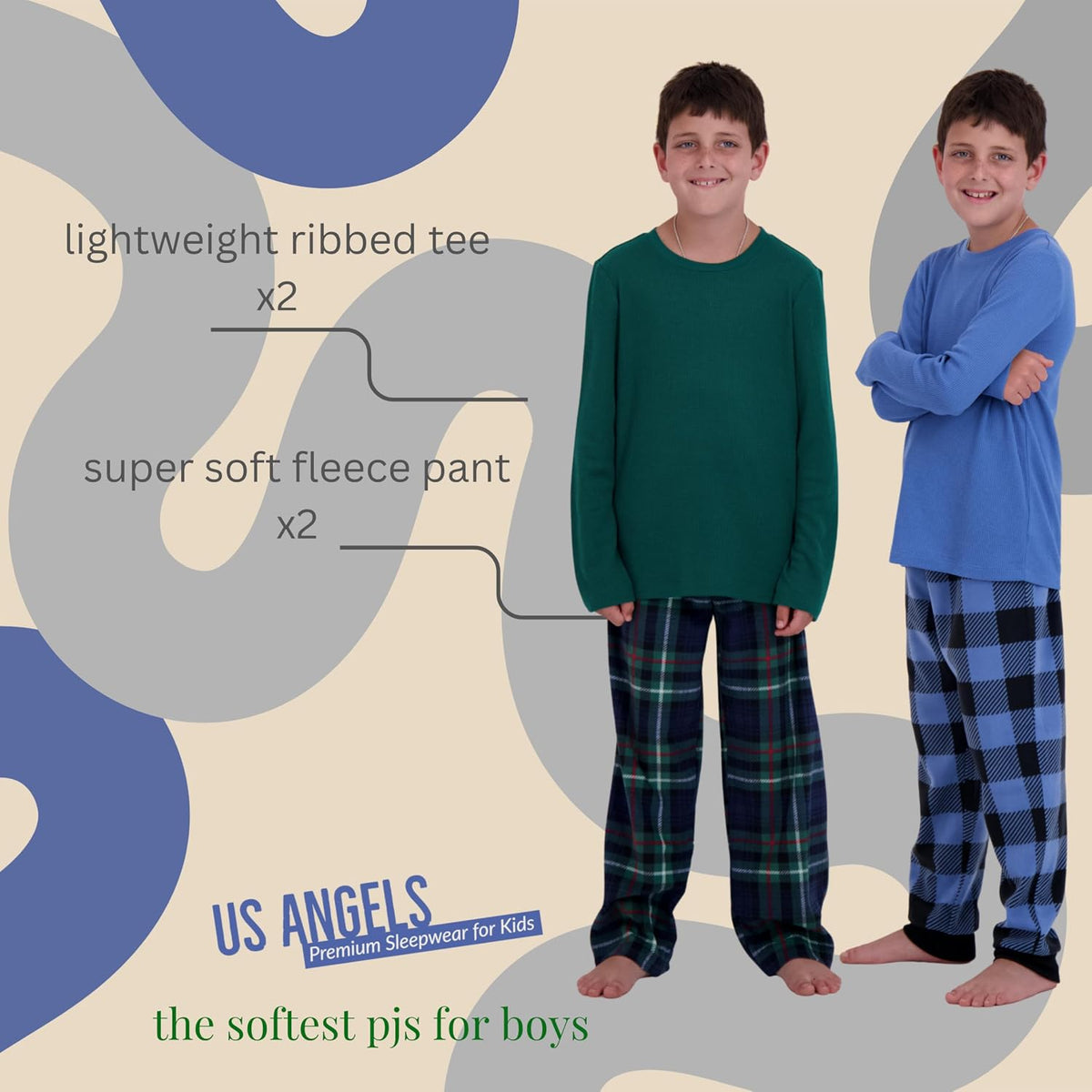 US Angels Boys Pajamas Set | 4-Piece Long Sleeve & Fleece Pants | Soft Warm Sleepwear Pjs for Kids & Teens