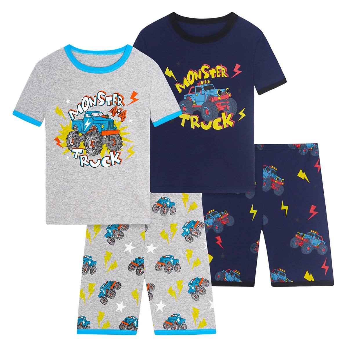 Boys Pajama Set, 4-Piece Cotton Pajamas Short Summer PJs Kids Sleepwear