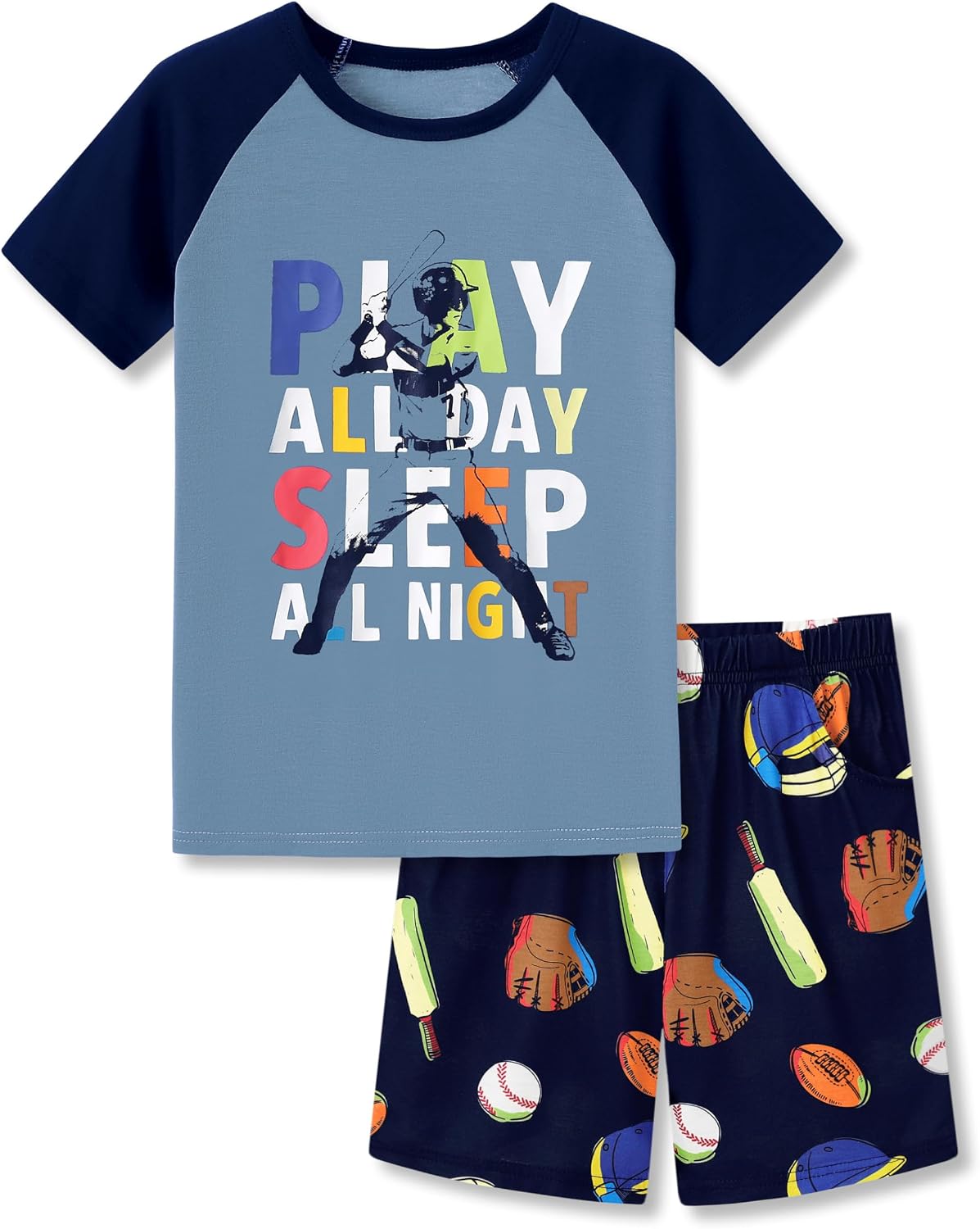 Tebbis Boys Comfy Raglan Pajama Set Fun Print Tee & Shorts Sizes 6-18