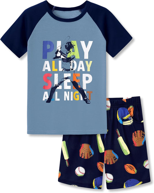 Tebbis Boys Comfy Raglan Pajama Set Fun Print Tee & Shorts Sizes 6-18