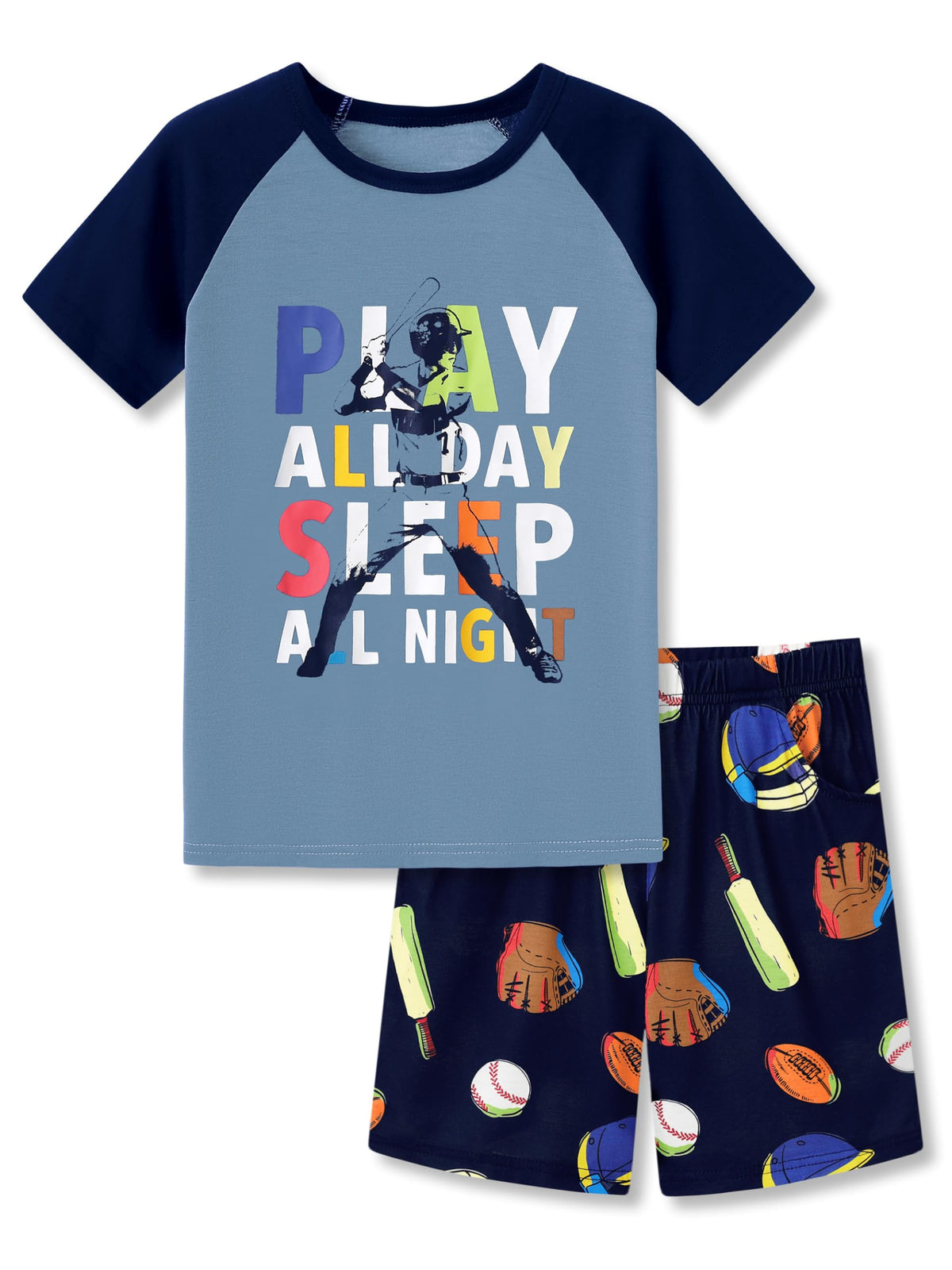 Tebbis Boys Comfy Raglan Pajama Set Fun Print Tee & Shorts Sizes 6-18