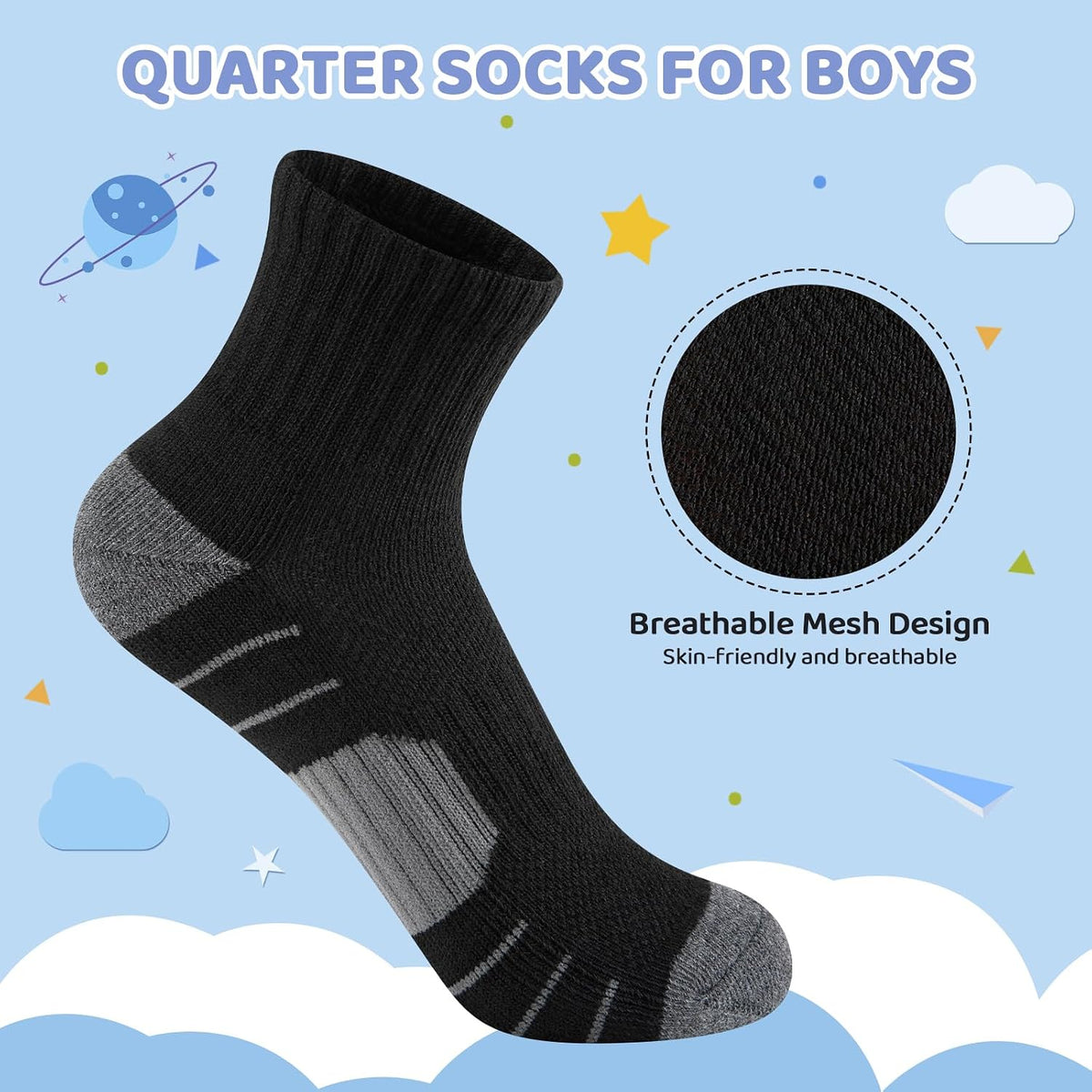 Comfoex 12 Pairs Boys Socks kids Cushioned Sport Short Quarter Athletic Sock For Little Big Kids 6-8 8-10 years