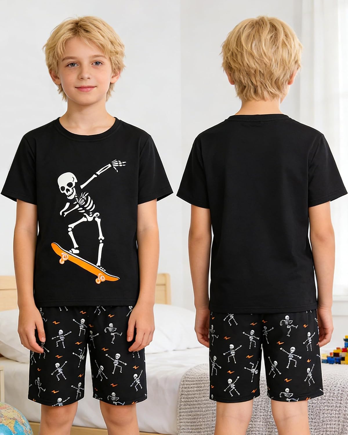 MyFav Boys Pajamas Sets Glow in Dark Summer Short Sleeve Sleepwear Skull Kids Pjs