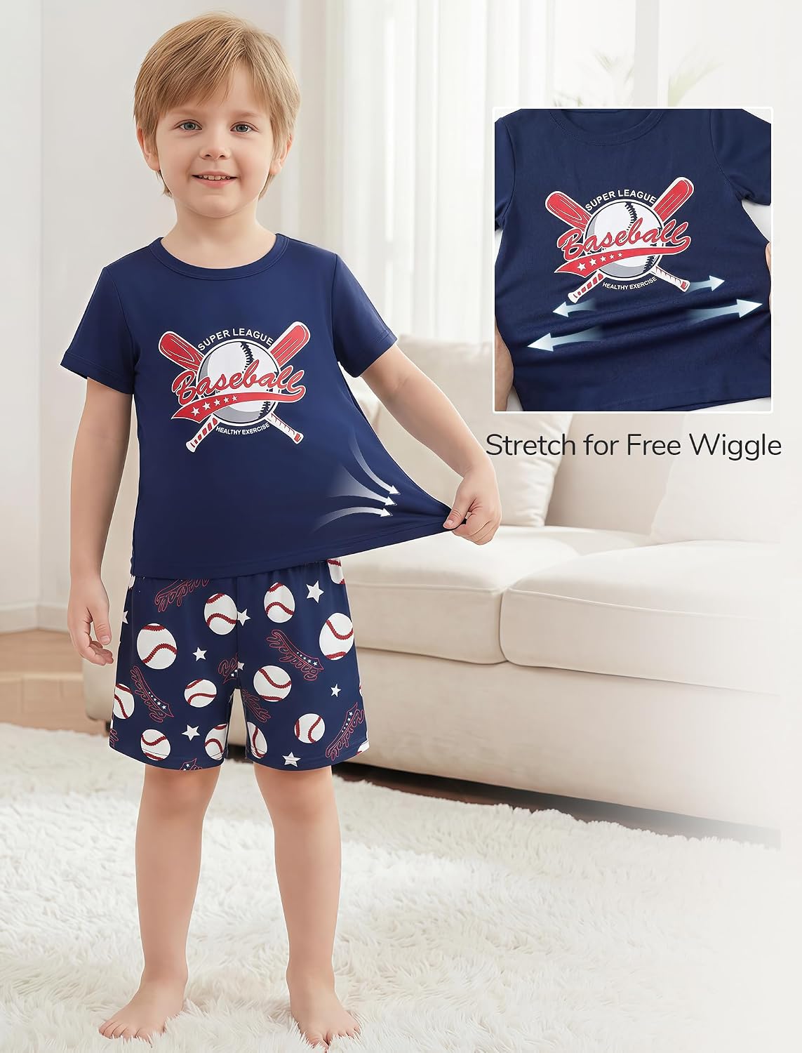 Mikrdoo Boys Pajamas 3 Piece Summer Sleepwear Soft Short Sleeves Shorts Set & Long Pants Cool PJs Size 2-14 Years