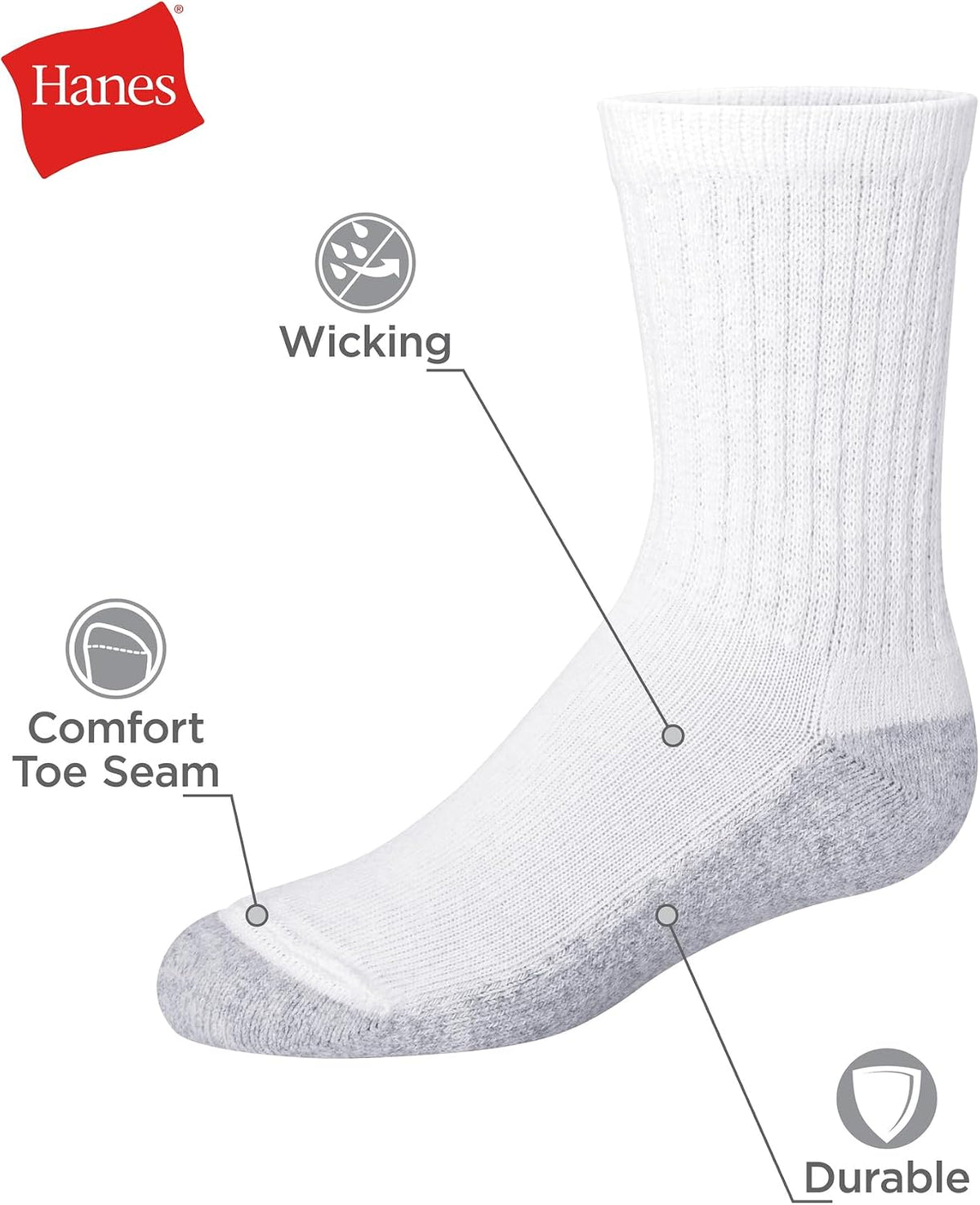 Hanes Boys' Socks Pack, Double Tough Moisture Wicking Ankle, Crew, No Show Socks, 12 & 14 Pair Packs