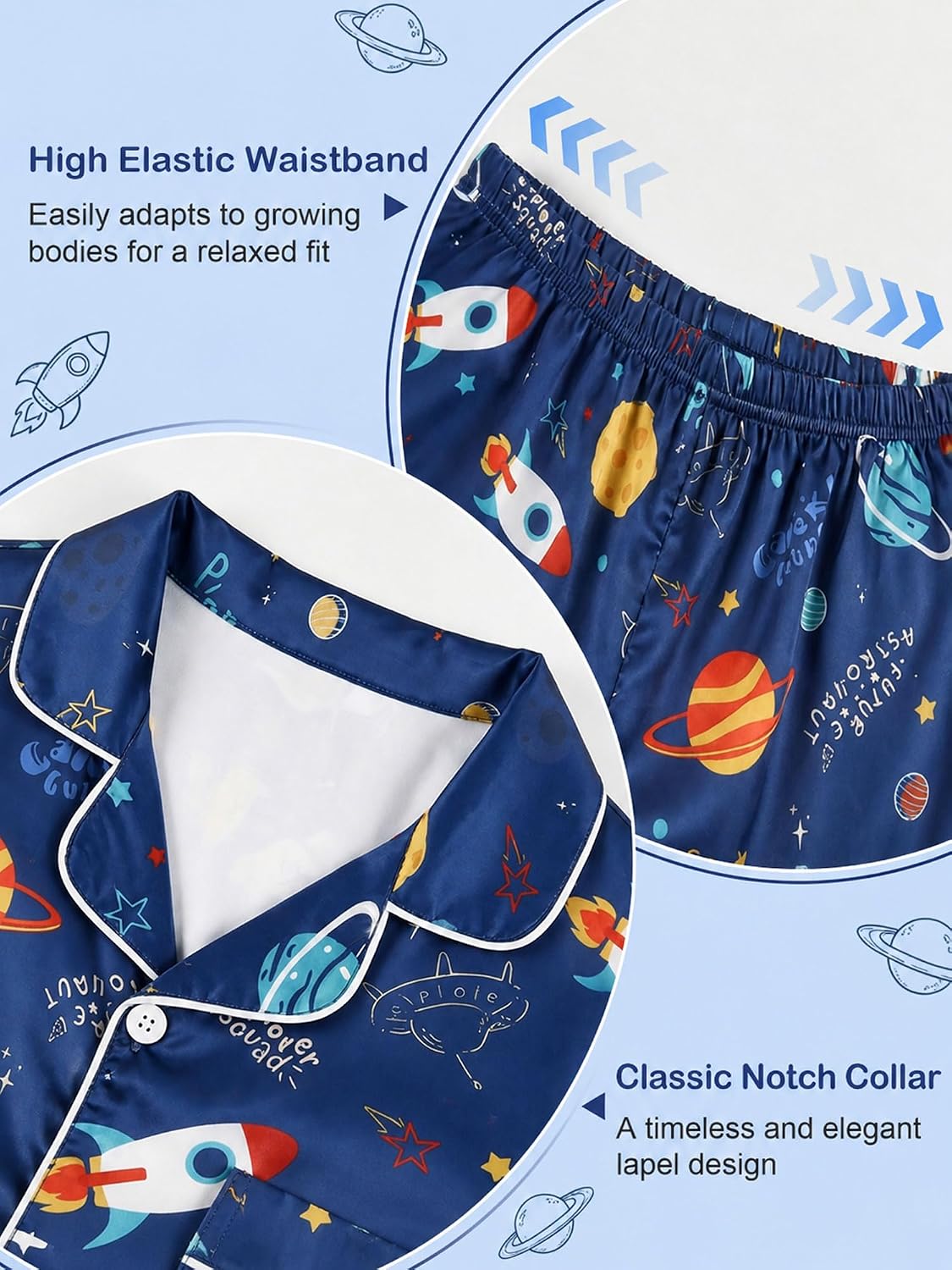 Basumee Boys Satin Pajamas Set, Silky Summer Pjs for Kids 6-13Y, 2 Pieces