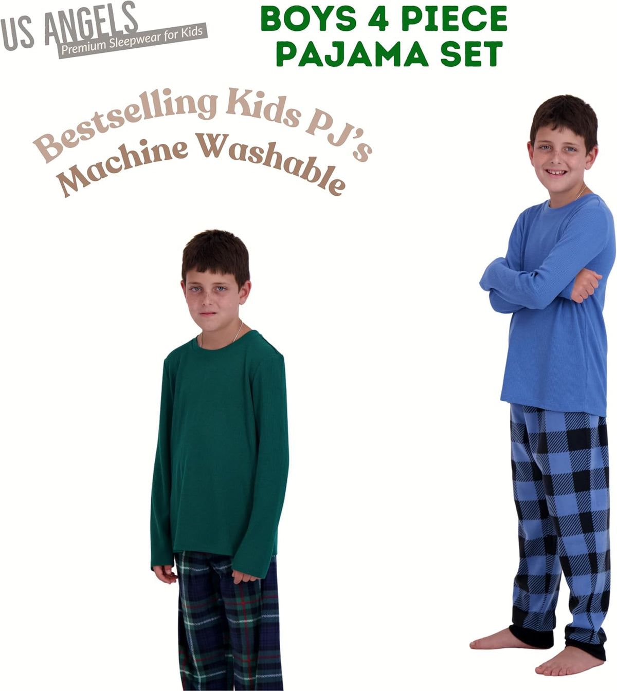 US Angels Boys Pajamas Set | 4-Piece Long Sleeve & Fleece Pants | Soft Warm Sleepwear Pjs for Kids & Teens