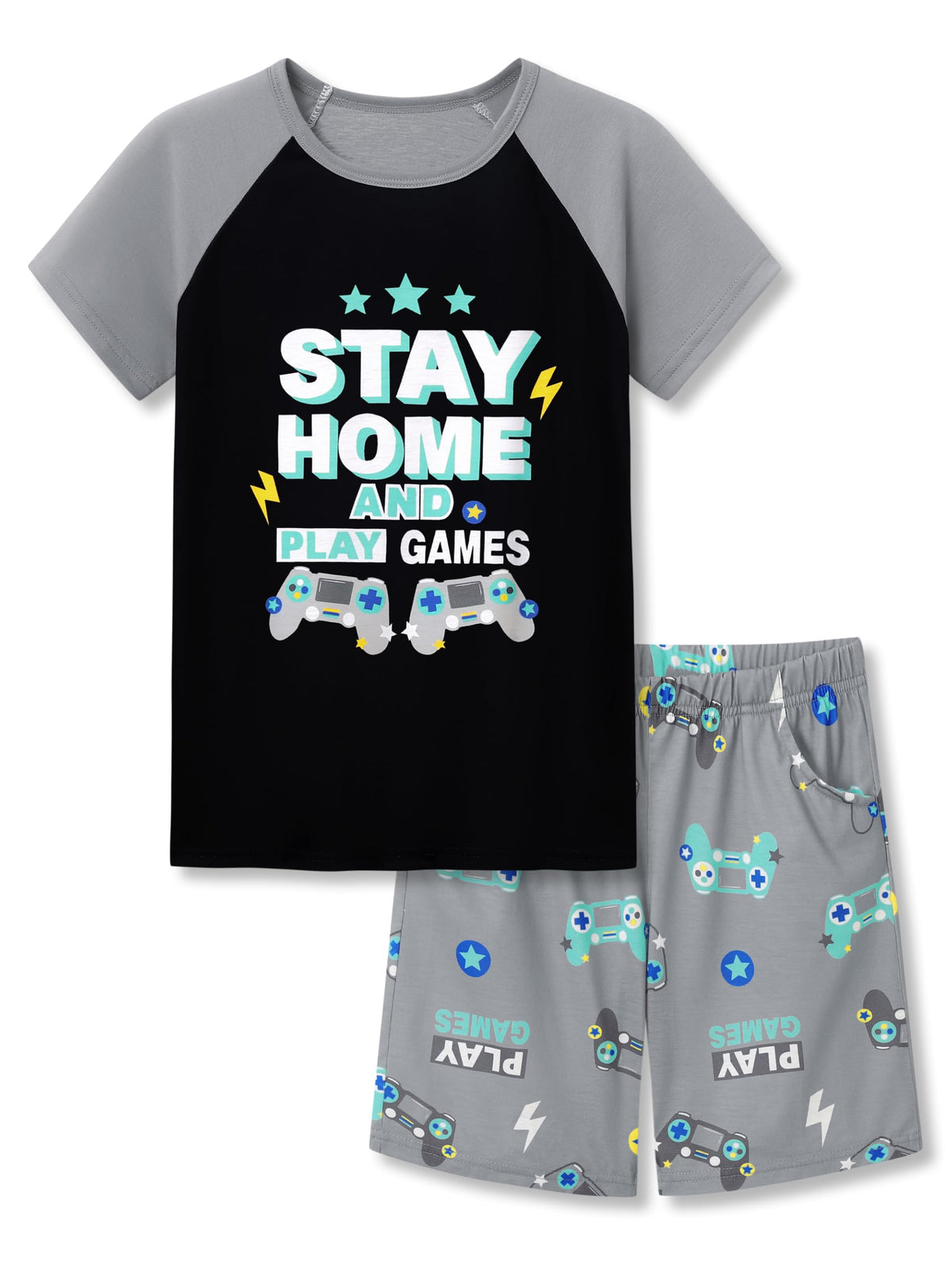 Tebbis Boys Comfy Raglan Pajama Set Fun Print Tee & Shorts Sizes 6-18