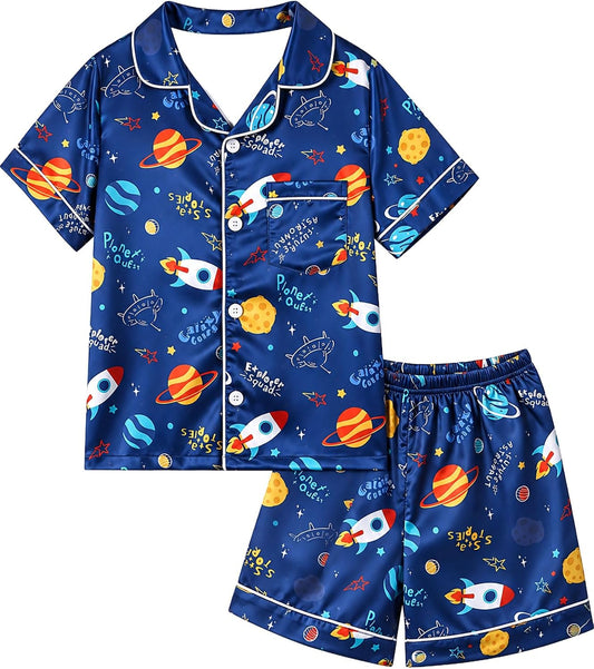 Basumee Boys Satin Pajamas Set, Silky Summer Pjs for Kids 6-13Y, 2 Pieces