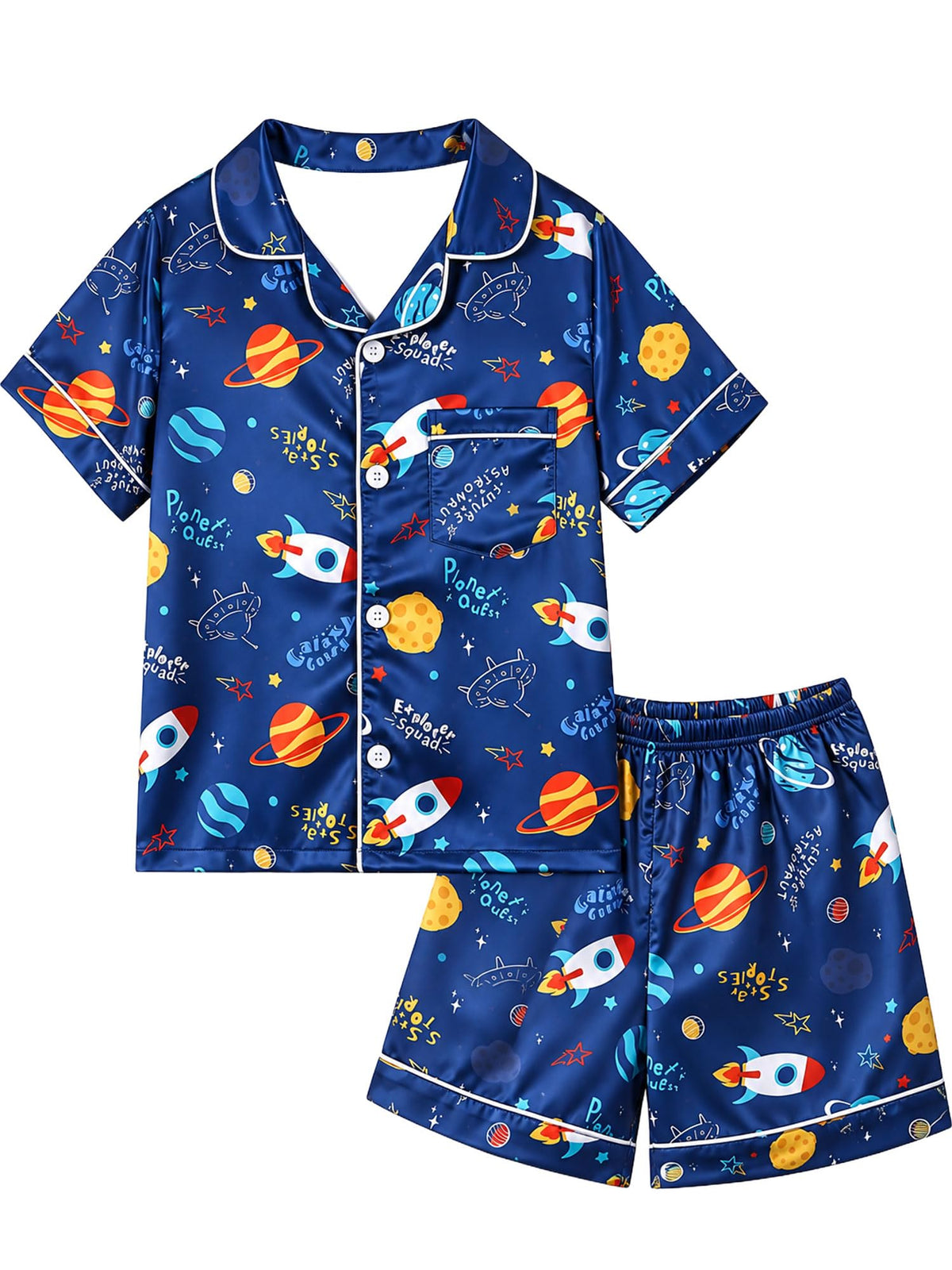 Basumee Boys Satin Pajamas Set, Silky Summer Pjs for Kids 6-13Y, 2 Pieces