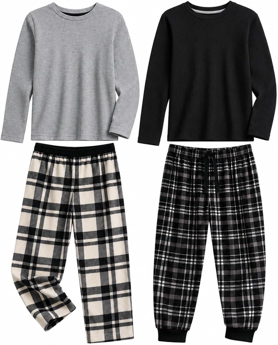 US Angels Boys Pajamas Set | 4-Piece Long Sleeve & Fleece Pants | Soft Warm Sleepwear Pjs for Kids & Teens