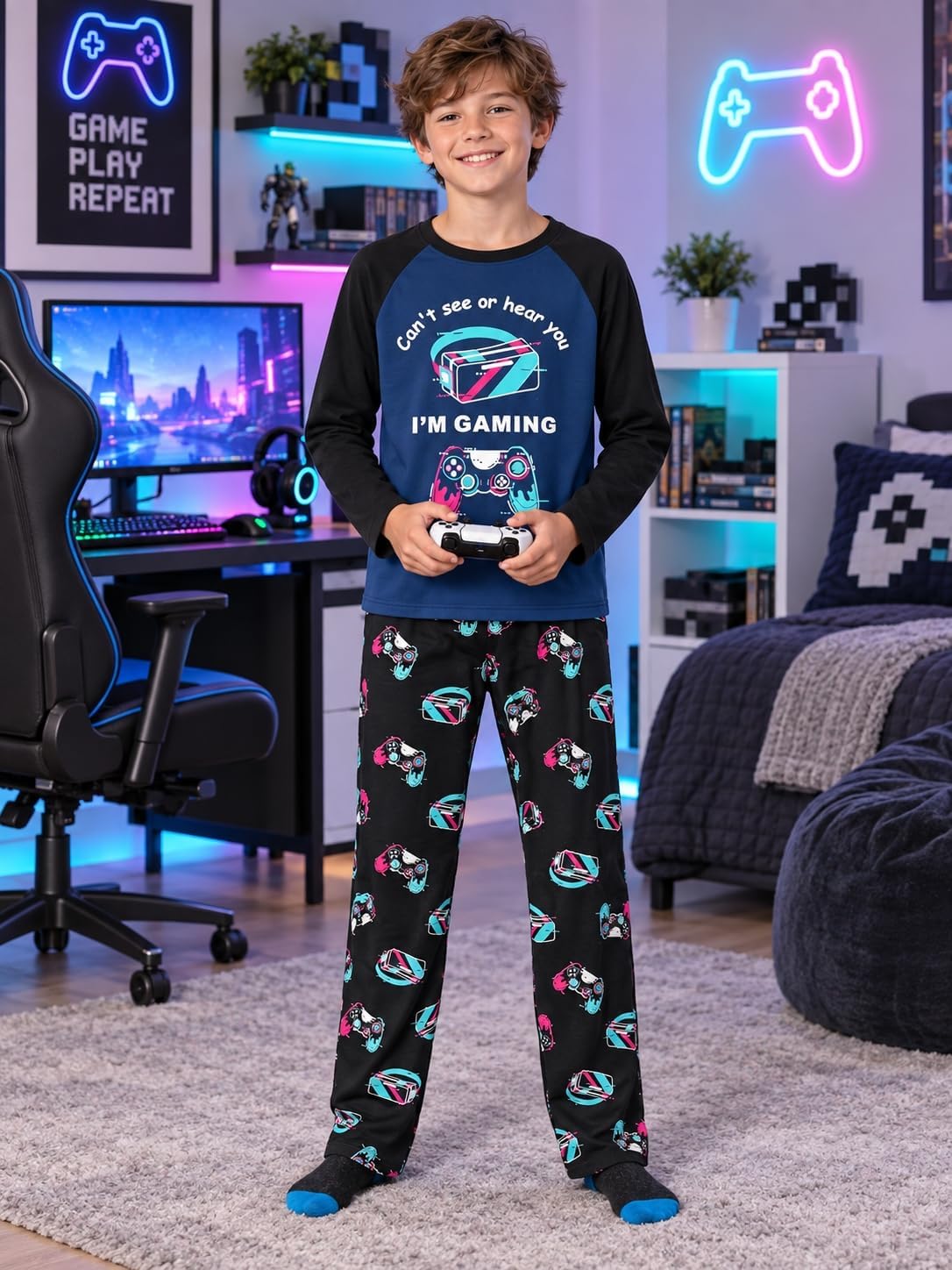 Tebbis Boys Comfy Trendy Print Long Sleeve & Pants Pajama Set Sizes 6-18