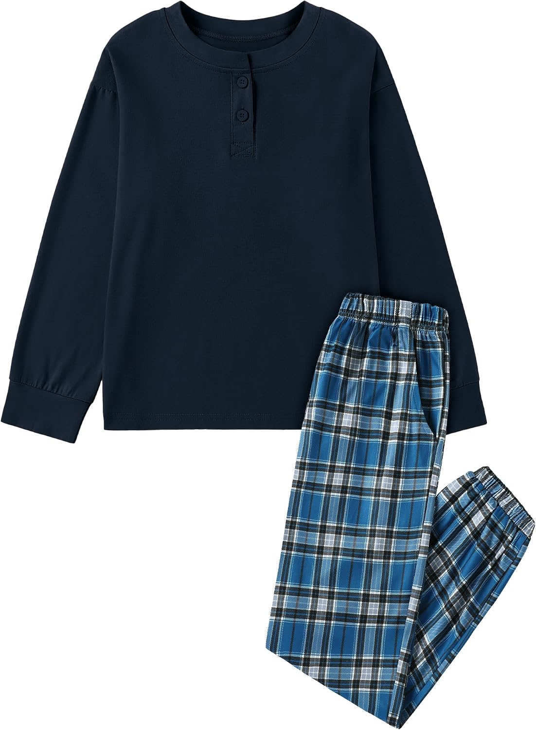 CARETOO Boys Pajamas Plaid Pants Long Sleeve Henley 2 Piece Set Kids Sleepwear PJs Soft Loungewear for Boys 5-14 Years