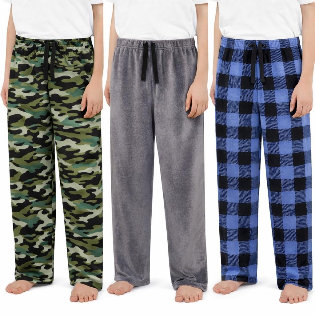 US Angels 3-Pack Boys Pajama Pants - Soft Jersey Knit OR Microfleece PJ Bottoms for Kids - Boys Sleepwear, Size 7-20