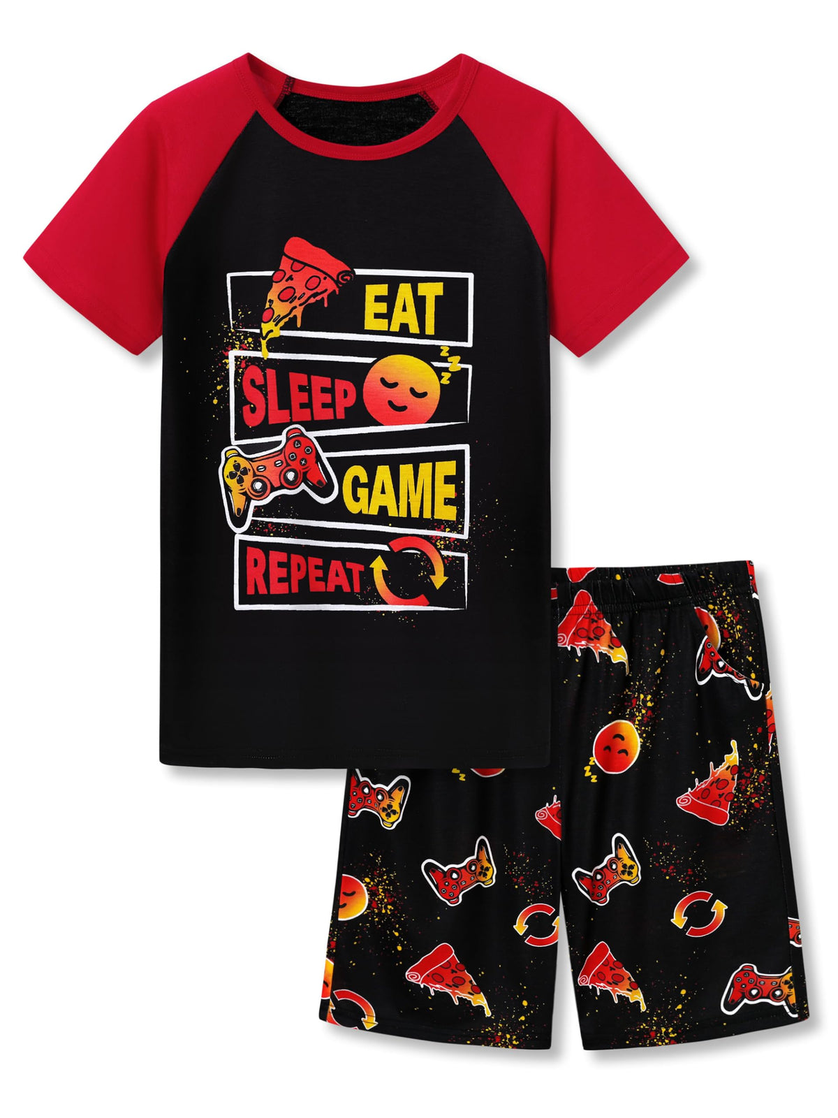 Tebbis Boys Comfy Raglan Pajama Set Fun Print Tee & Shorts Sizes 6-18