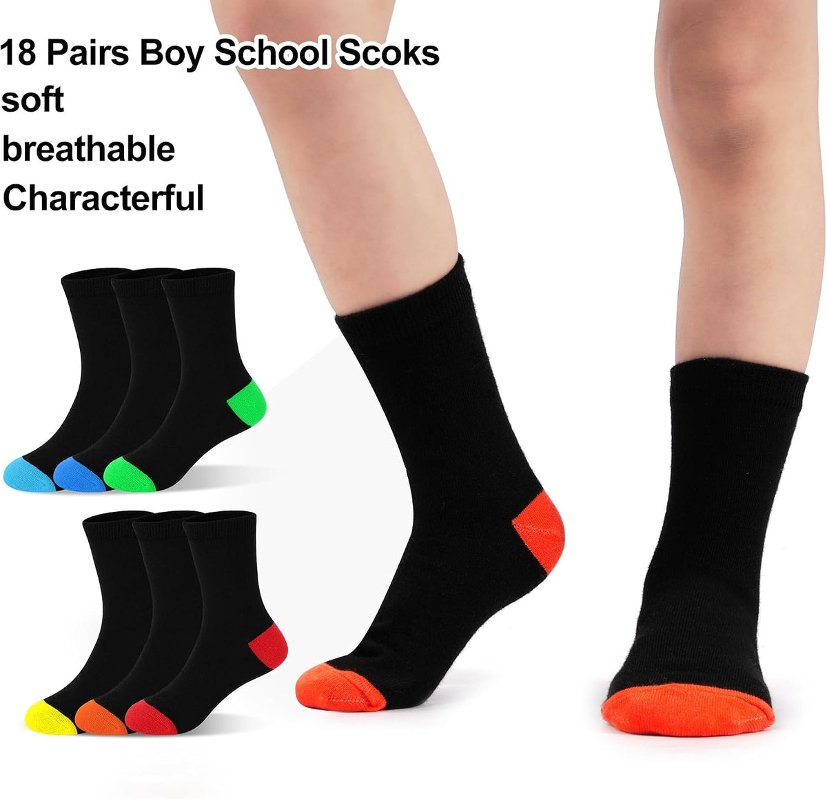 18 Pairs Boys Socks, Crew Socks for Boys Dress School (1-14 Years)