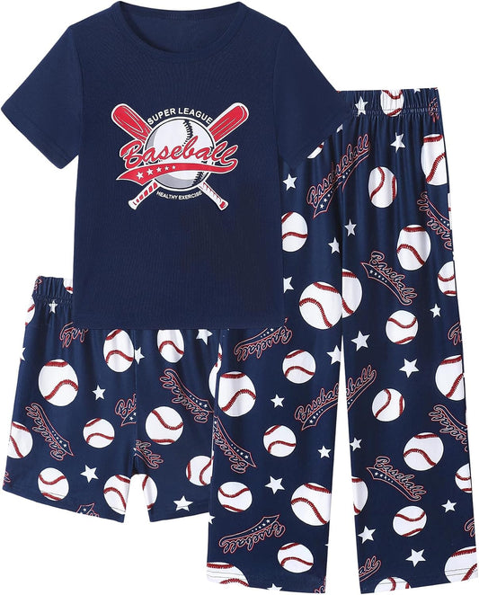 Mikrdoo Boys Pajamas 3 Piece Summer Sleepwear Soft Short Sleeves Shorts Set & Long Pants Cool PJs Size 2-14 Years