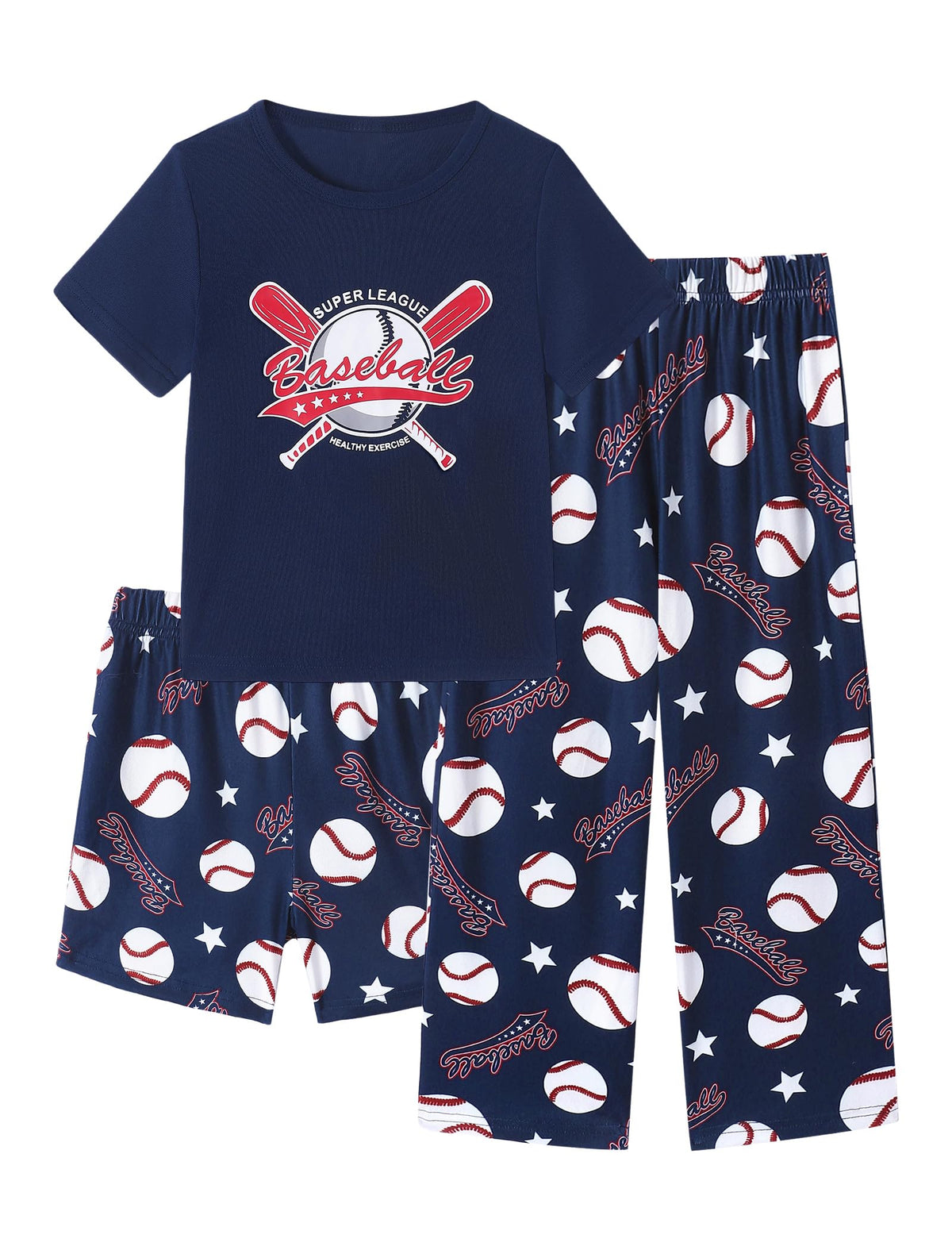 Mikrdoo Boys Pajamas 3 Piece Summer Sleepwear Soft Short Sleeves Shorts Set & Long Pants Cool PJs Size 2-14 Years