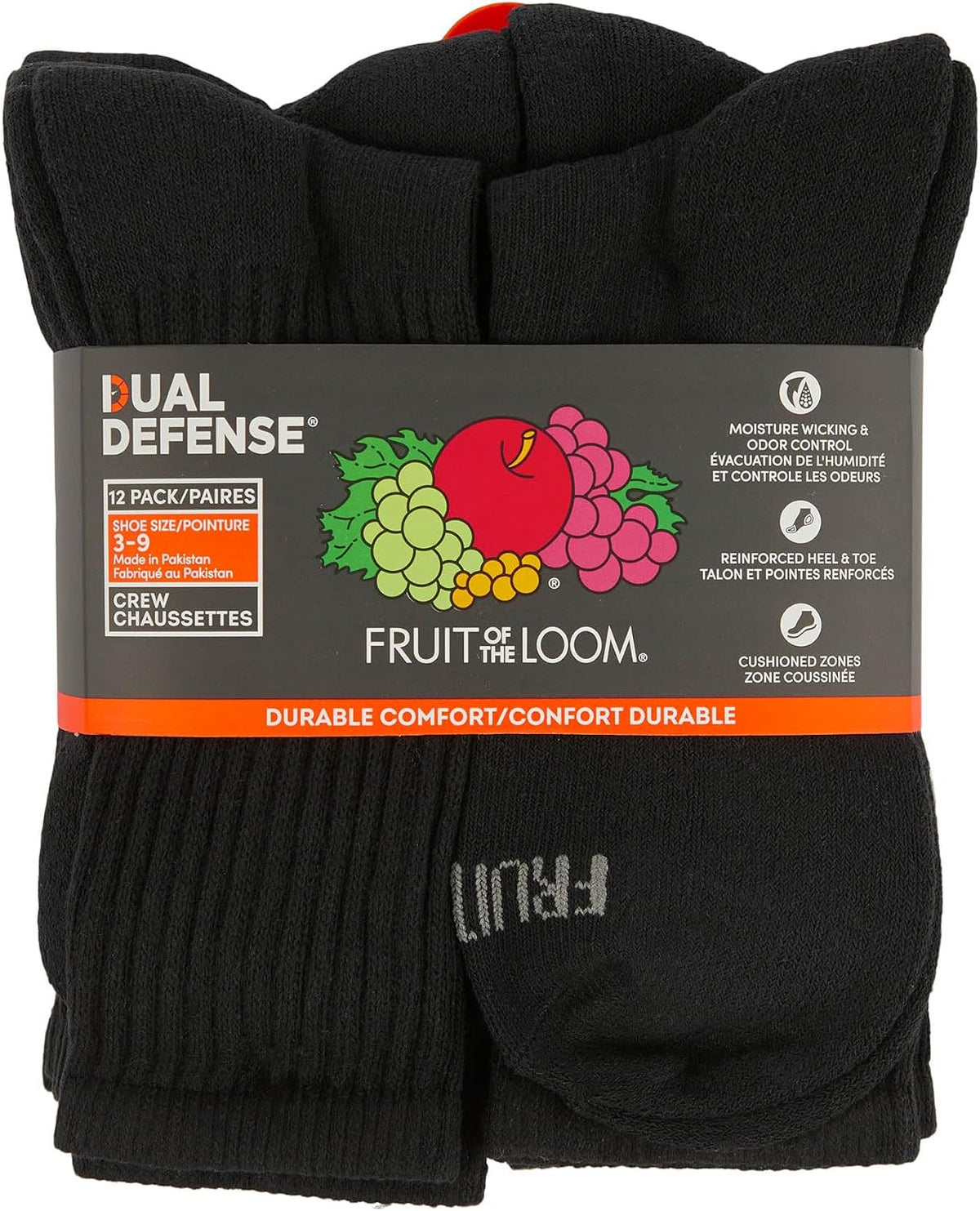 Fruit of the Loom Boys' Dual Defense Socks, Crew - 12 Pack - Black