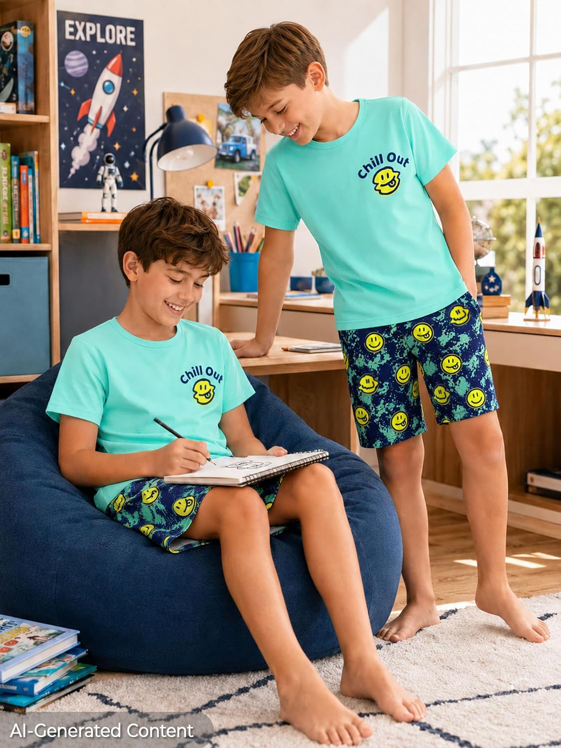 Beezizac Boys Pajamas, Teal & Navy Face Short-Sleeve and Shorts, Sizes 6-18
